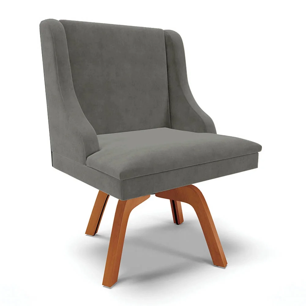 Cadeira Estofada para Sala de Jantar Base Giratória de Madeira Lia Suede Grafite - Ibiza