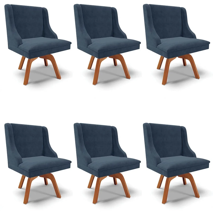 Kit 6 Cadeiras Estofadas Giratória para Sala de Jantar Lia Suede Azul Marinho - Ibiza