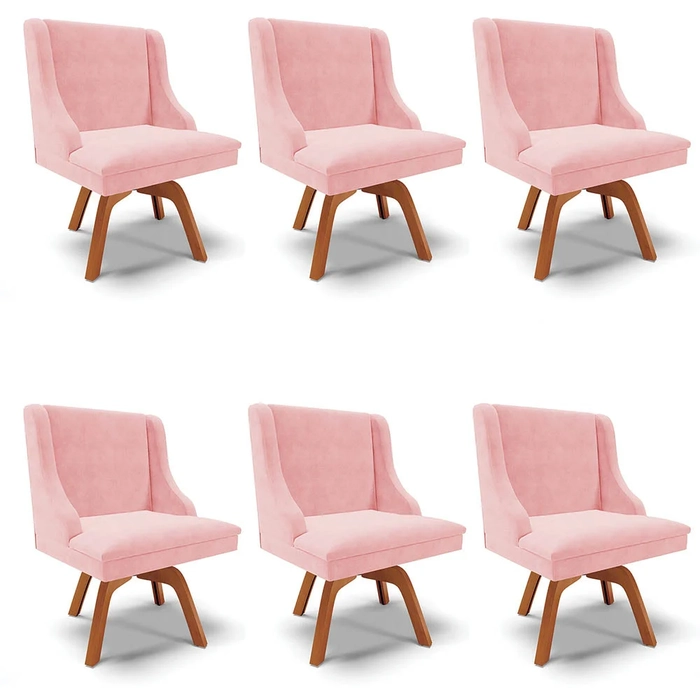 Kit 6 Cadeiras Estofadas Giratória para Sala de Jantar Lia Suede Rosa Bebê - Ibiza