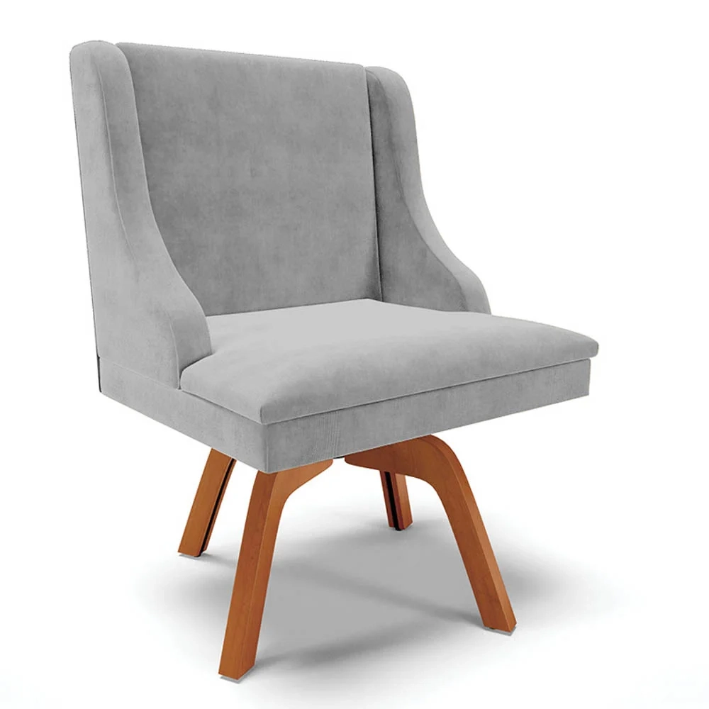 Cadeira Estofada para Sala de Jantar Base Giratória de Madeira Lia Suede Cinza - Ibiza