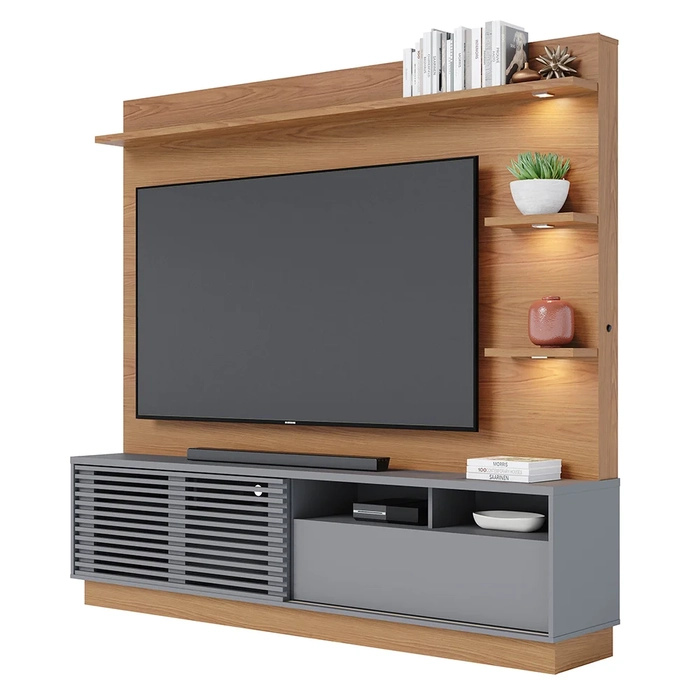 Estante Home Theater para TV 70 Pol. com LED 200cm Amiche C05 Freijó/Cinza Fosco - Mpozenato