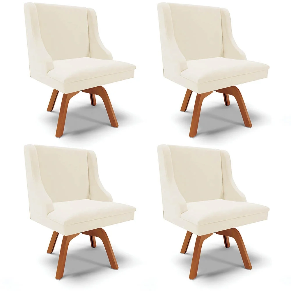 Kit 4 Cadeiras Estofadas Base Giratória de Madeira Lia Veludo Bege - Ibiza