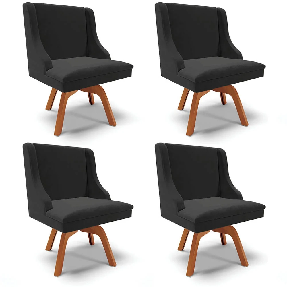 Kit 4 Cadeiras Estofadas Base Giratória de Madeira Lia Veludo Preto - Ibiza