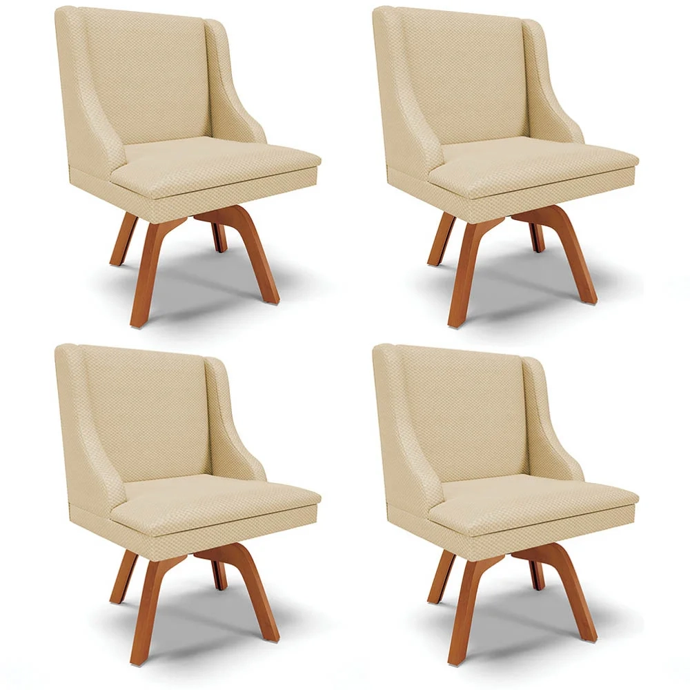 Kit 4 Cadeiras Estofadas Base Giratória de Madeira Lia Veludo Off White Luxo - Ibiza