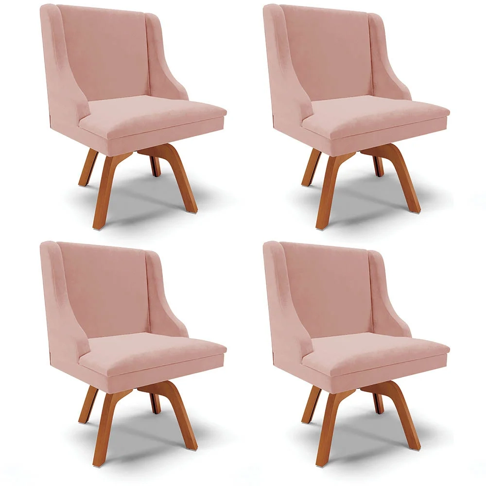 Kit 4 Cadeiras Estofadas Base Giratória de Madeira Lia Veludo Rosê - Ibiza