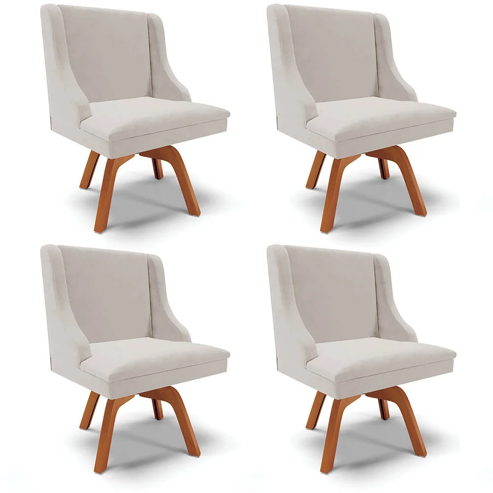 Kit 4 Cadeiras Estofadas Base Giratória de Madeira Lia Veludo Cinza - Ibiza