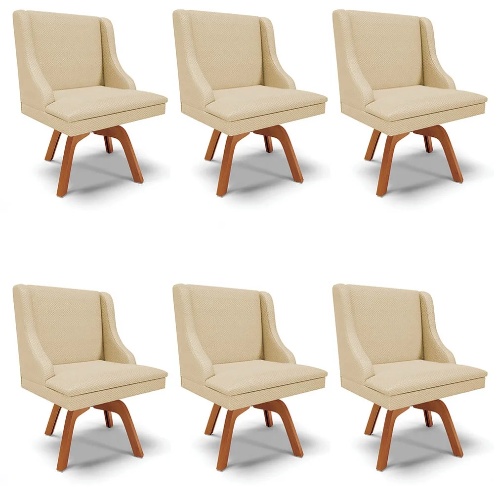 Kit 6 Cadeiras Estofadas Base Giratória de Madeira Lia Veludo Off White Luxo - Ibiza