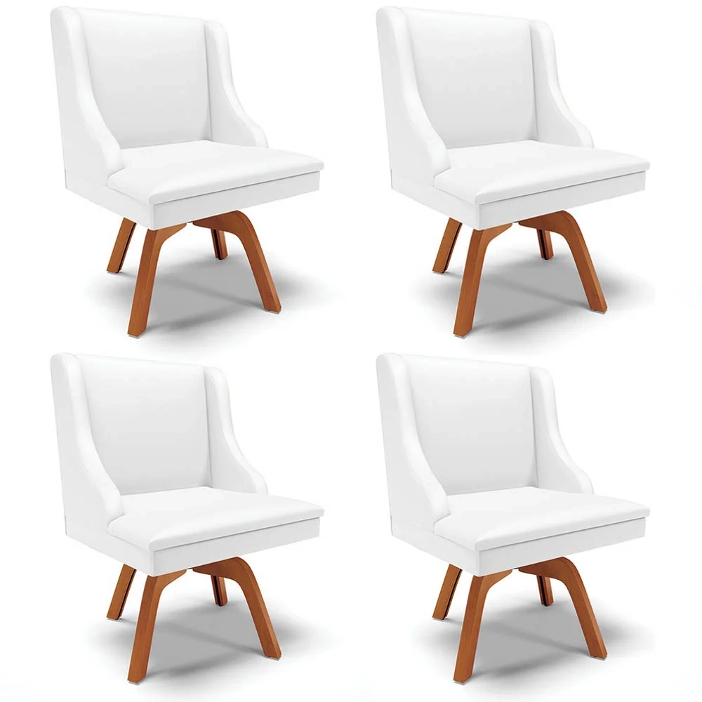 Kit 4 Cadeiras Estofadas para Sala de Jantar Base Giratória de Madeira Lia Sintético Branco - Ibiza