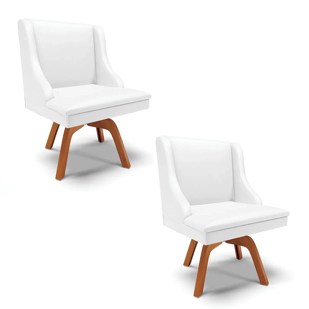 Kit 2 Cadeiras Estofadas para Sala de Jantar Base Giratória de Madeira Lia Sintético Branco - Ibiza