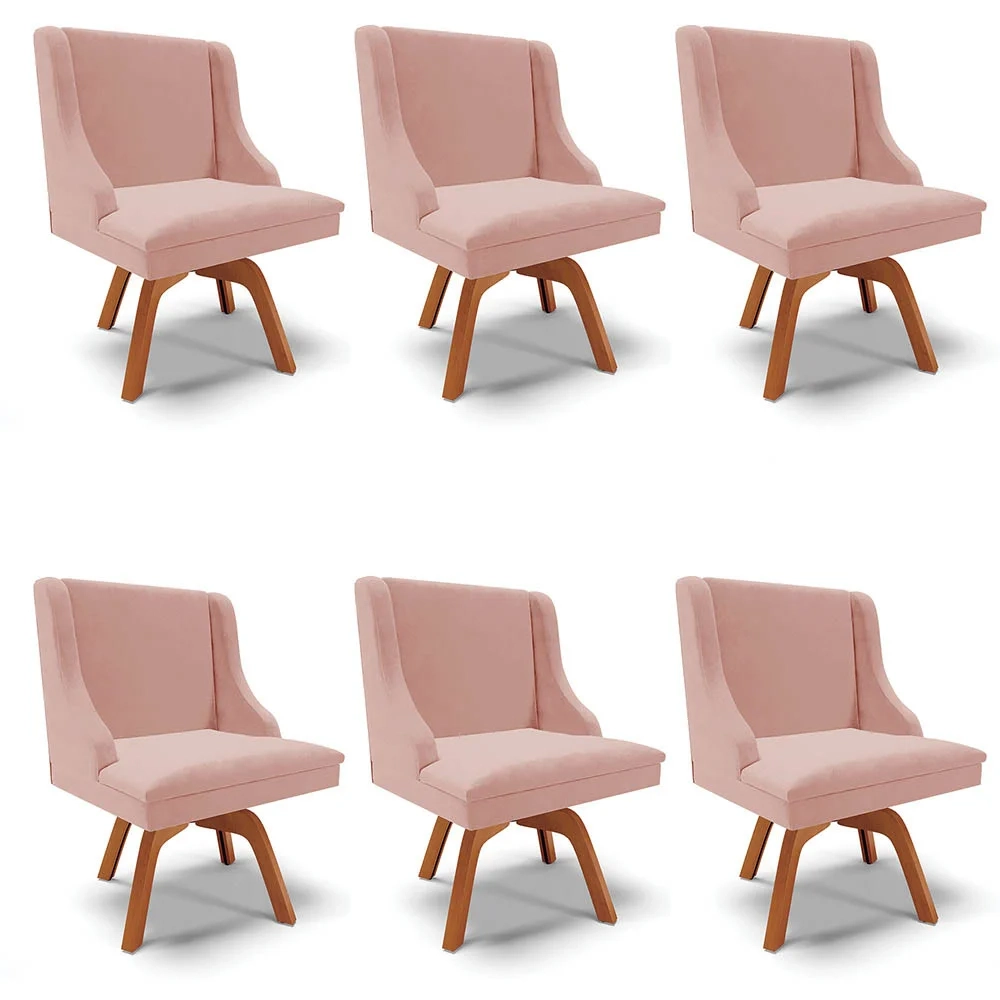 Kit 6 Cadeiras Estofadas Base Giratória de Madeira Lia Veludo Rosê - Ibiza