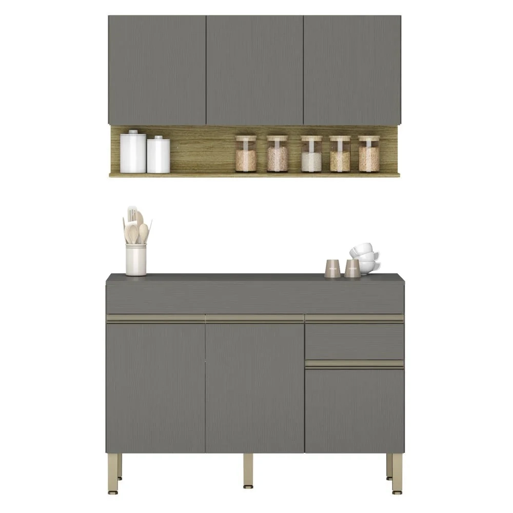 Armário de Cozinha e Balcão com Tampo 120cm Lina Z06 Gris/Freijó - Mpozenato