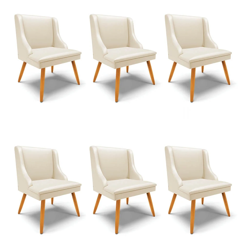 Kit 6 Cadeiras Estofadas para Sala de Jantar Pés Palito Lia Sintético Bege - Ibiza