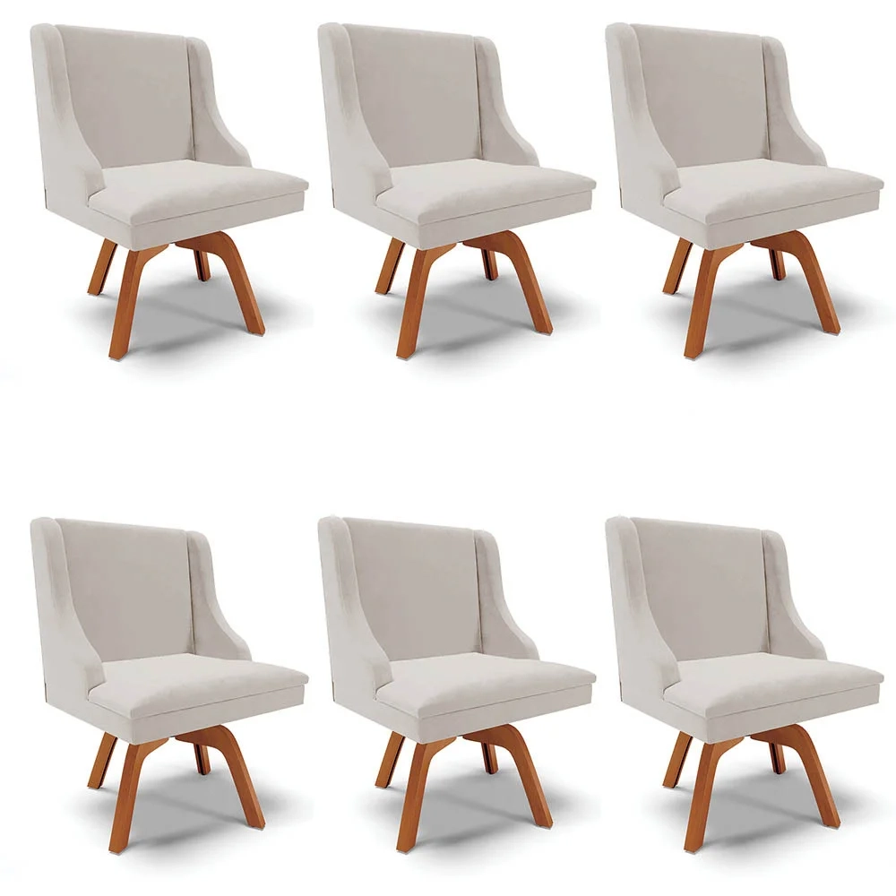 Kit 6 Cadeiras Estofadas Base Giratória de Madeira Lia Veludo Cinza - Ibiza