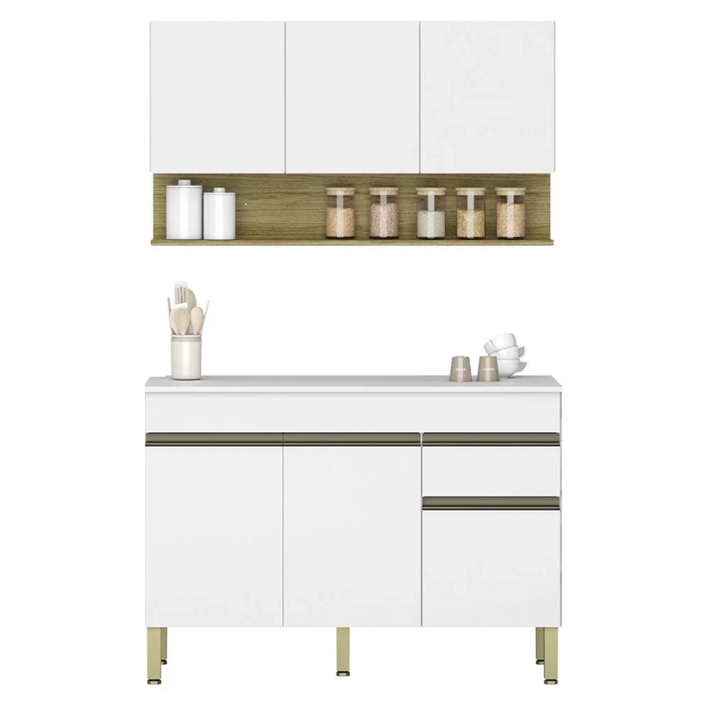 Armário de Cozinha e Balcão com Tampo 120cm Lina Z06 Supremo/Freijó - Mpozenato