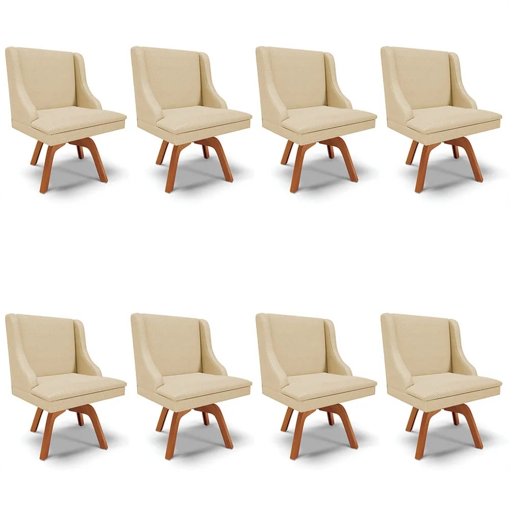 Kit 8 Cadeiras Estofadas Base Giratória de Madeira Lia Veludo Off White Luxo - Ibiza