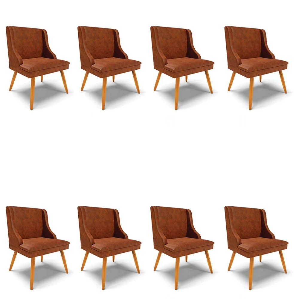 Kit 8 Cadeiras Estofadas para Sala de Jantar Pés Palito Lia Sintético Premium Nozes - Ibiza