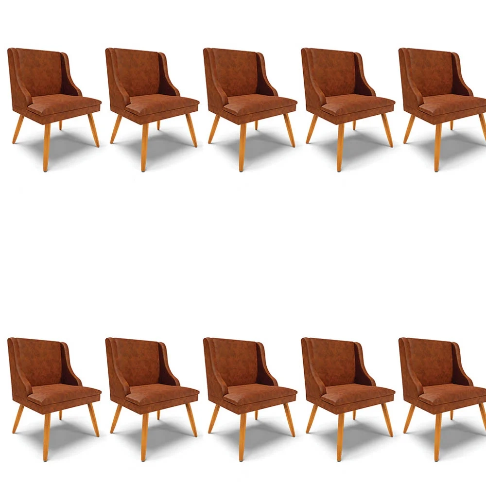 Kit 10 Cadeiras Estofadas para Sala de Jantar Pés Palito Lia Sintético Premium Nozes - Ibiza
