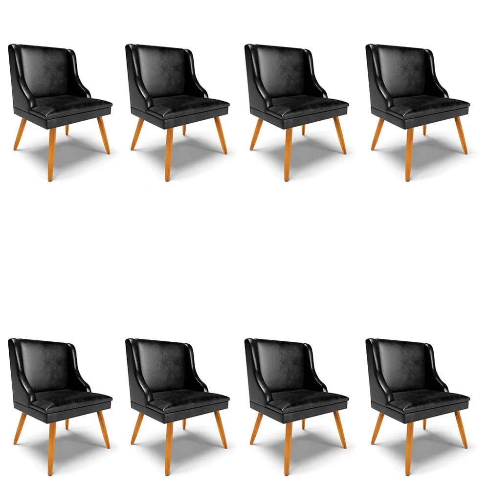 Kit 8 Cadeiras Estofadas para Sala de Jantar Pés Palito Lia Sintético Premium Preto - Ibiza