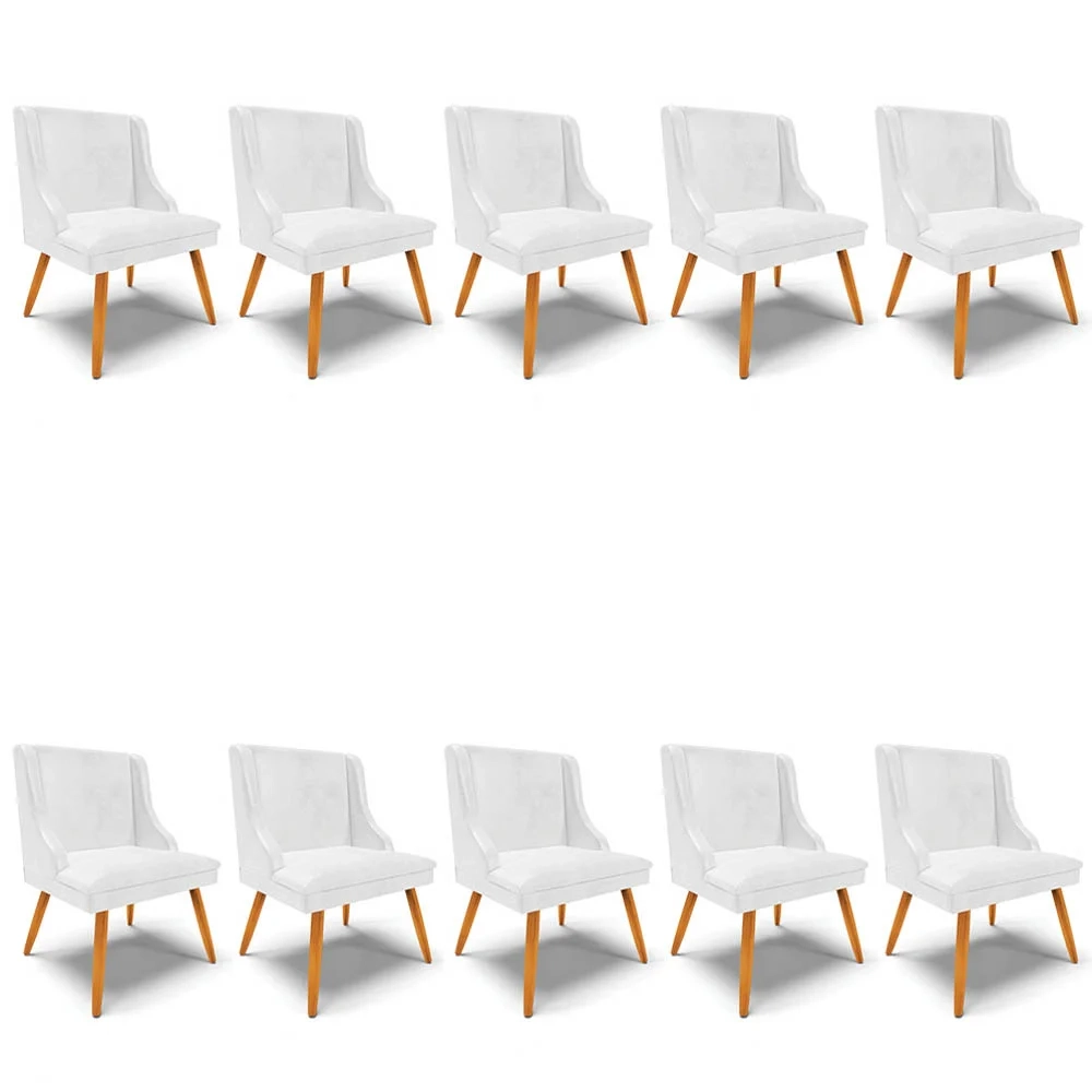 Kit 10 Cadeiras Estofadas para Sala de Jantar Pés Palito Lia Sintético Premium Branco - Ibiza
