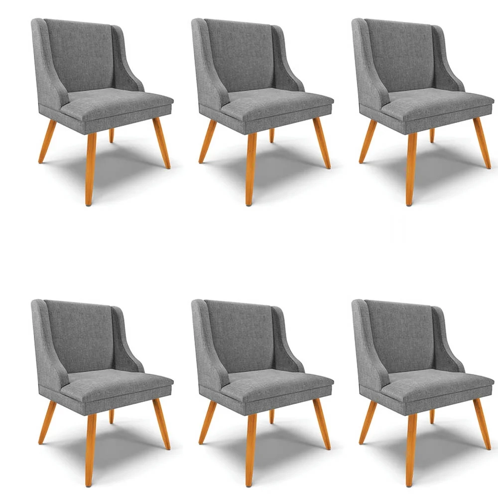 Kit 6 Cadeiras Estofadas para Sala de Jantar Pés Palito Lia Linho Grafite - Ibiza