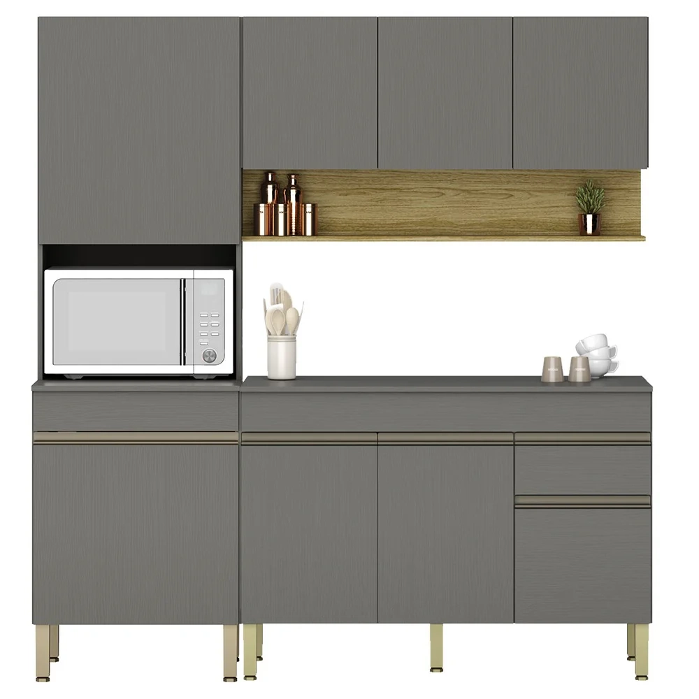 Armário de Cozinha 3 Peças Balcão 120cm com Tampo Lina06 Z06 Gris/Freijó - Mpozenato