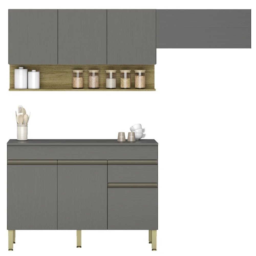 Armário de Cozinha 3 Peças Balcão com Tampo 120cm Lina05 Z06 Gris/Freijó - Mpozenato