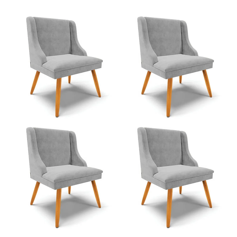 Kit 4 Cadeiras Estofadas para Sala de Jantar Pés Palito Lia Suede Cinza - Ibiza