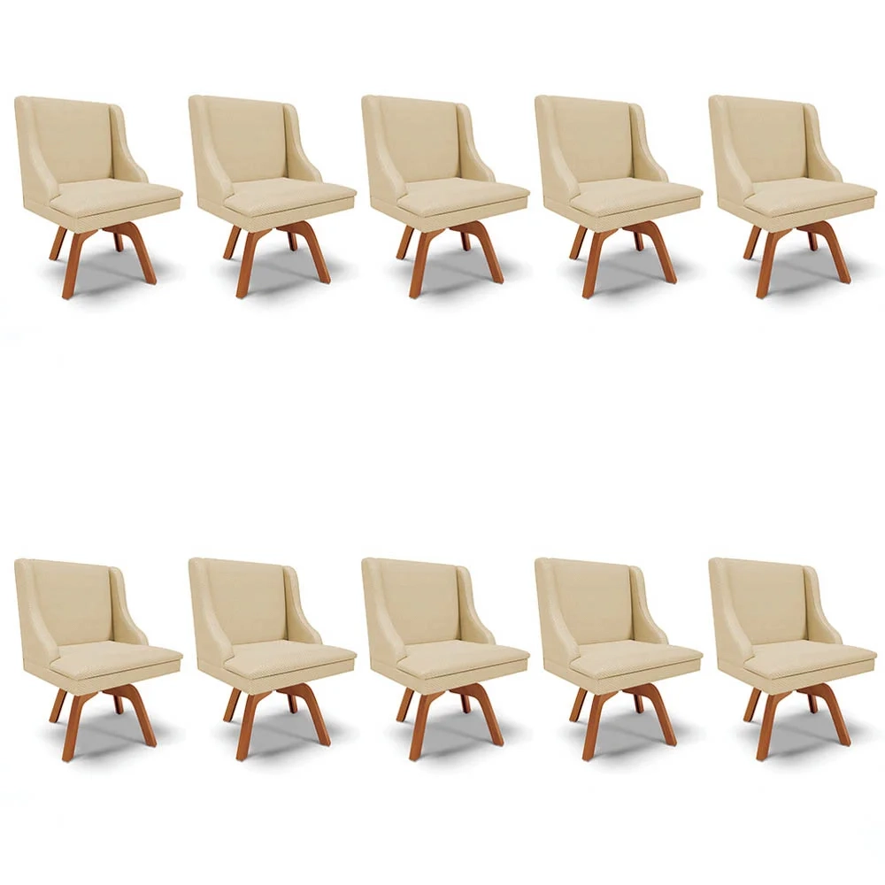 Kit 10 Cadeiras Estofadas Base Giratória de Madeira Lia Veludo Off White Luxo - Ibiza