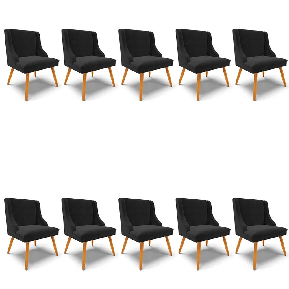 Kit 10 Cadeiras Estofadas para Sala de Jantar Pés Palito Lia Suede Preto - Ibiza