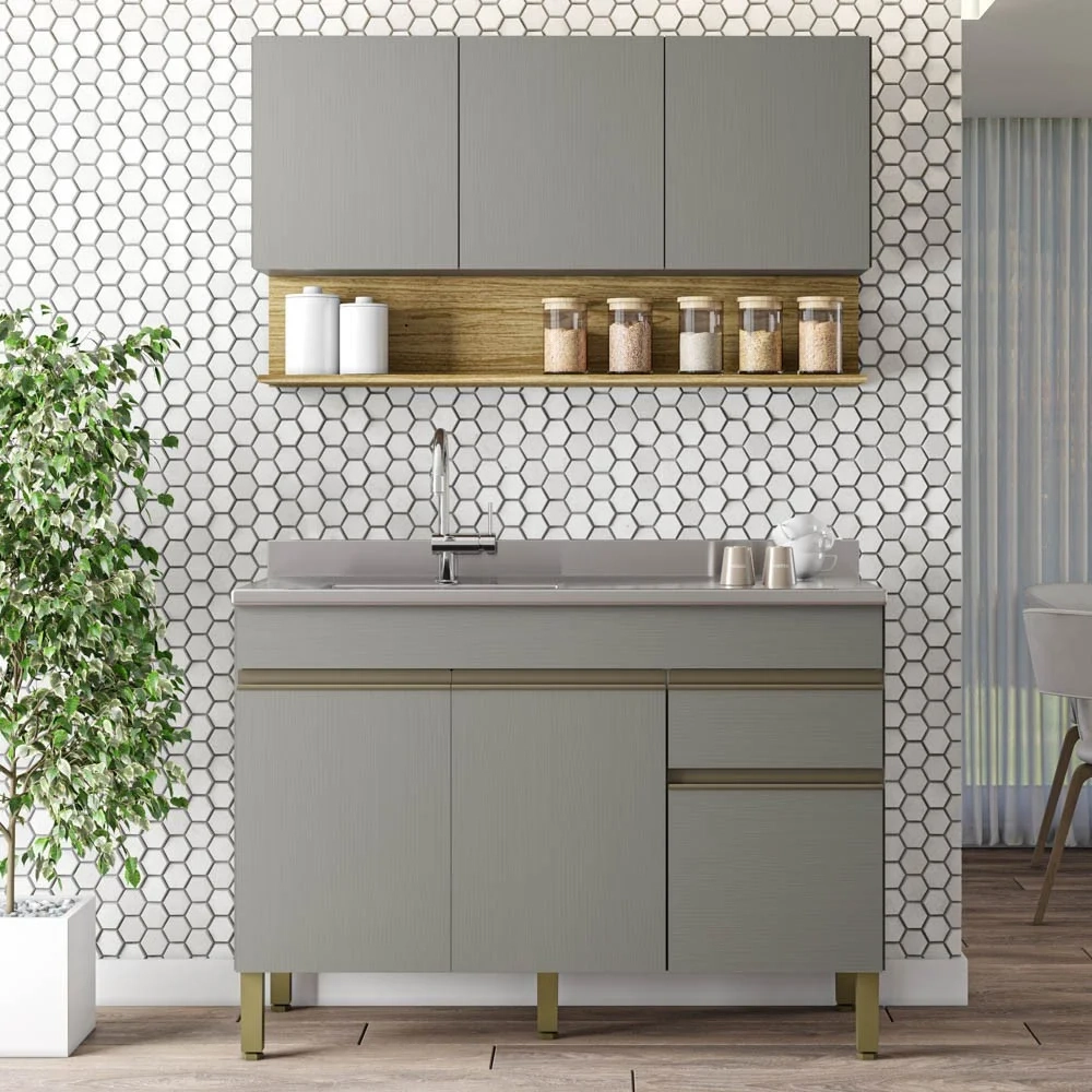 Armário de Cozinha e Balcão com Pia 120cm Lina Z06 Gris/Freijó - Mpozenato