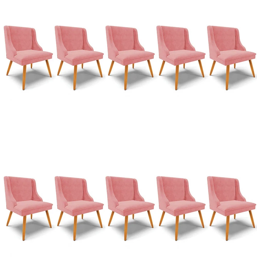Kit 10 Cadeiras Estofadas para Sala de Jantar Pés Palito Lia Suede Rosê - Ibiza