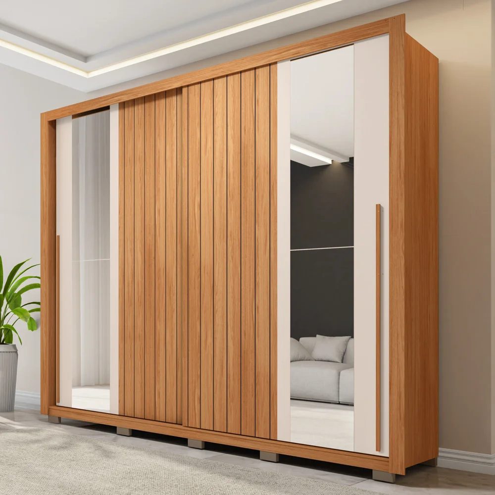 Guarda Roupa Casal 2 Portas de Correr com Espelho Moviment Freijó/Off White - Caemmun