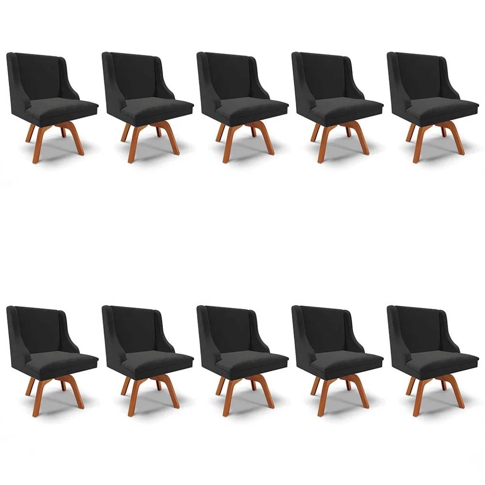 Kit 10 Cadeiras Estofadas Base Giratória de Madeira Lia Veludo Preto - Ibiza
