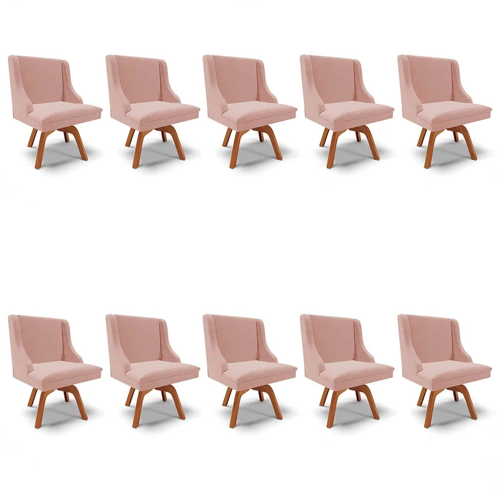 Kit 10 Cadeiras Estofadas Base Giratória de Madeira Lia Veludo Rosê - Ibiza
