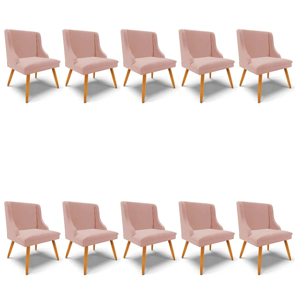 Kit 10 Cadeiras Estofadas para Sala de Jantar Pés Palito Lia Veludo Rosê - Ibiza