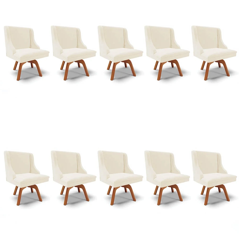 Kit 10 Cadeiras Estofadas Base Giratória de Madeira Lia Veludo Bege - Ibiza
