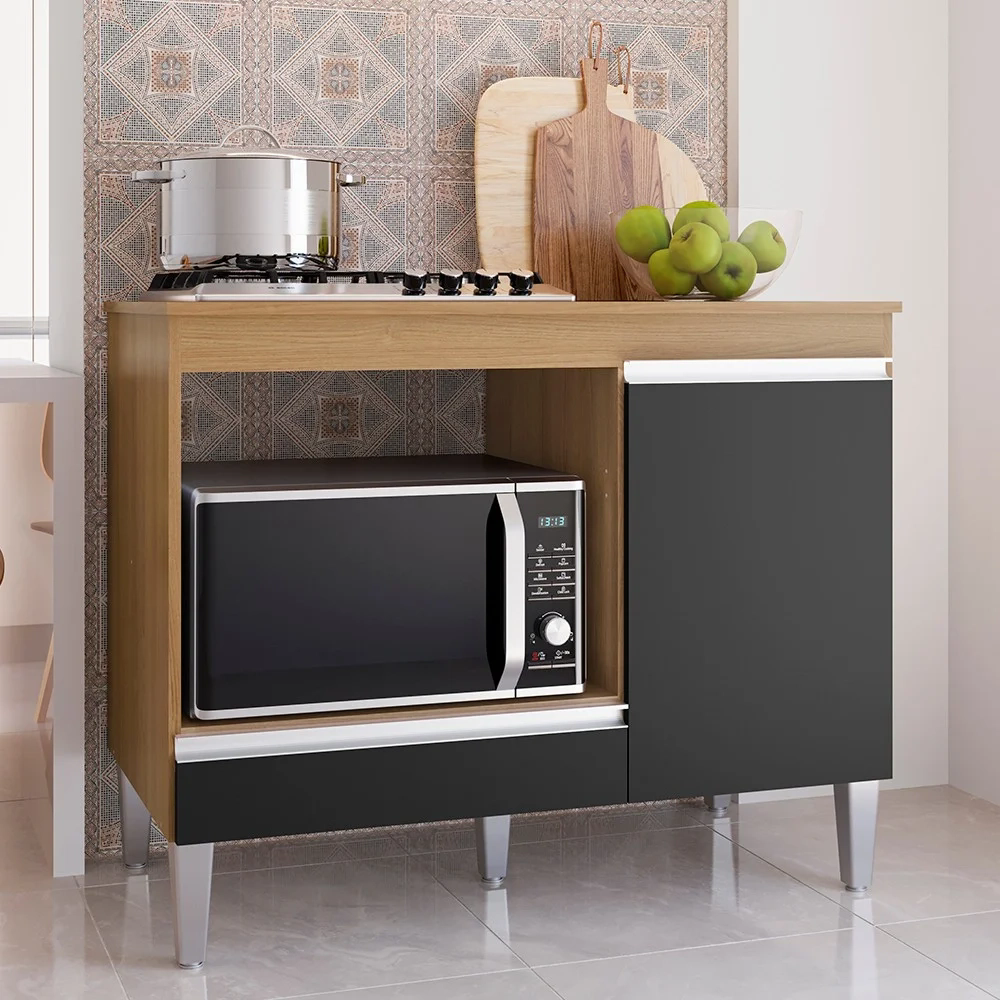 Balcão de Cozinha Para Cooktop e Forno Microondas Carla Amêndoa/Preto - AJL Móveis