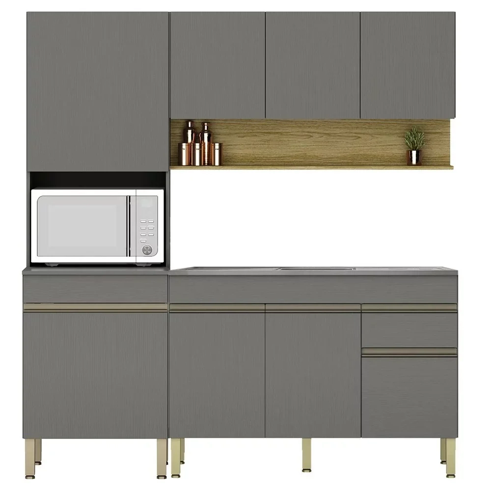 Armário de Cozinha 4 Peças Balcão 120cm com Pia Lina09 Z06 Gris/Freijó - Mpozenato