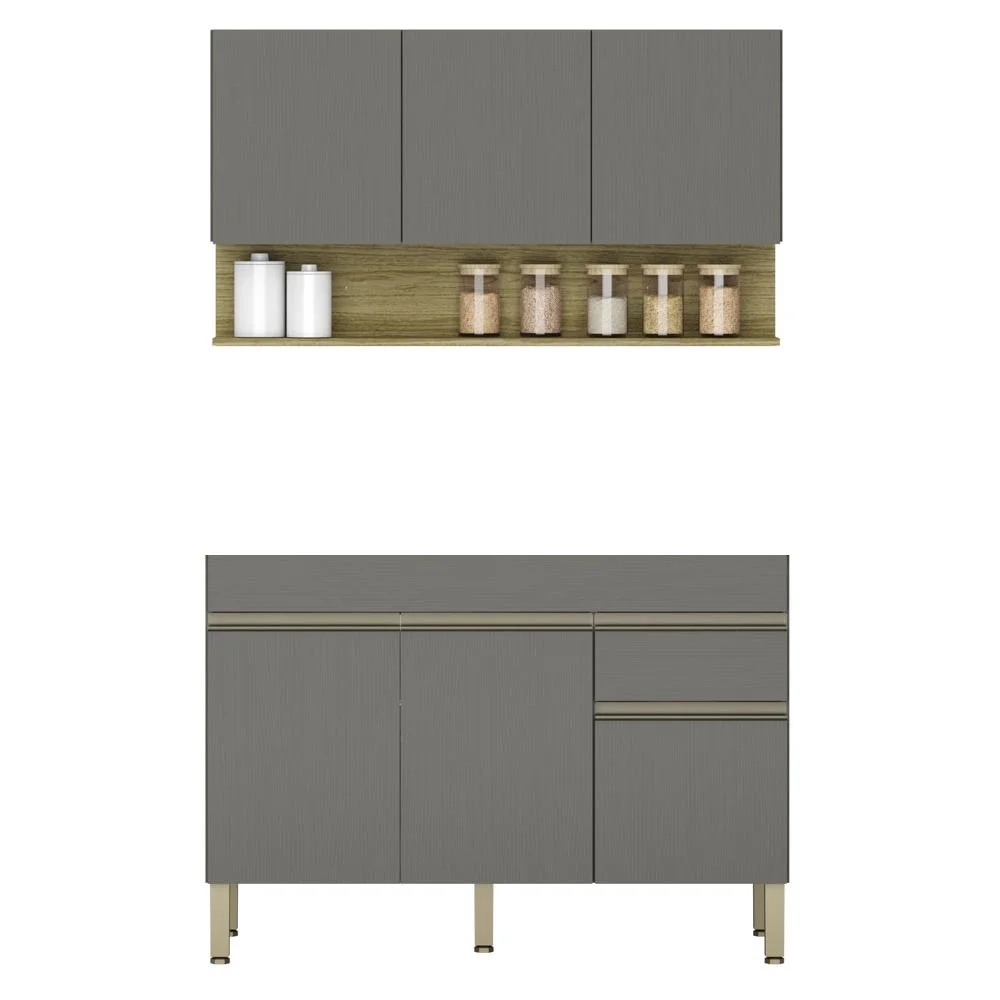 Armário de Cozinha com Balcão sem Tampo 150cm Lina Z06 Gris/Freijó - Mpozenato