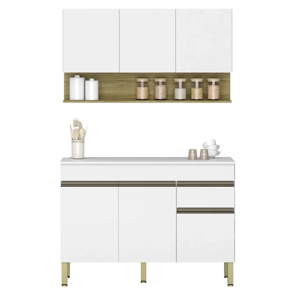 Armário de Cozinha e Balcão com Tampo 150cm Lina Z06 Supremo/Freijó - Mpozenato