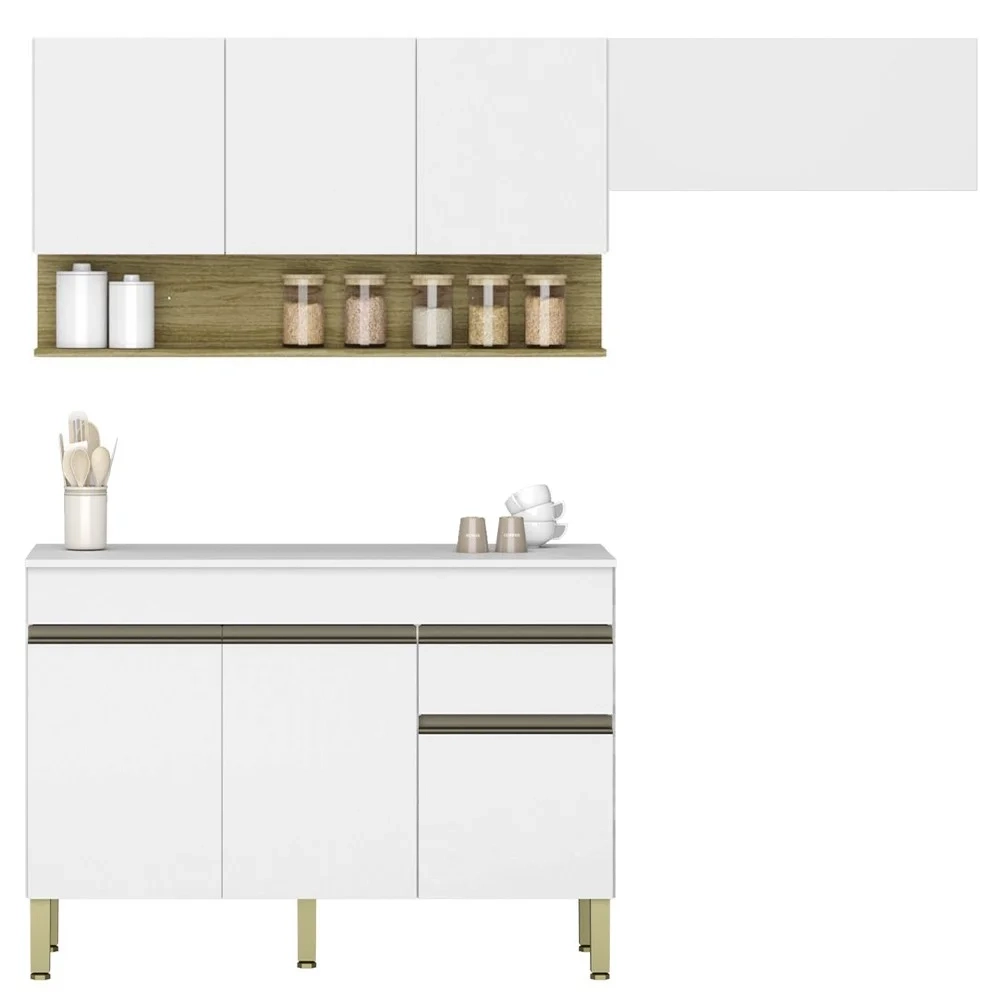 Armário de Cozinha 3 Peças Balcão com Tampo 150cm Lina15 Z06 Supremo/Freijó - Mpozenato