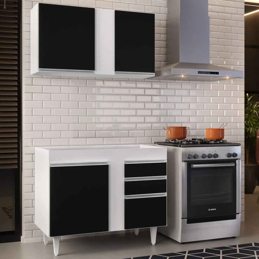 Armário Aéreo Indiana e Balcão Para Pia 100cm Luziania Branco/Preto - Lumil Móveis