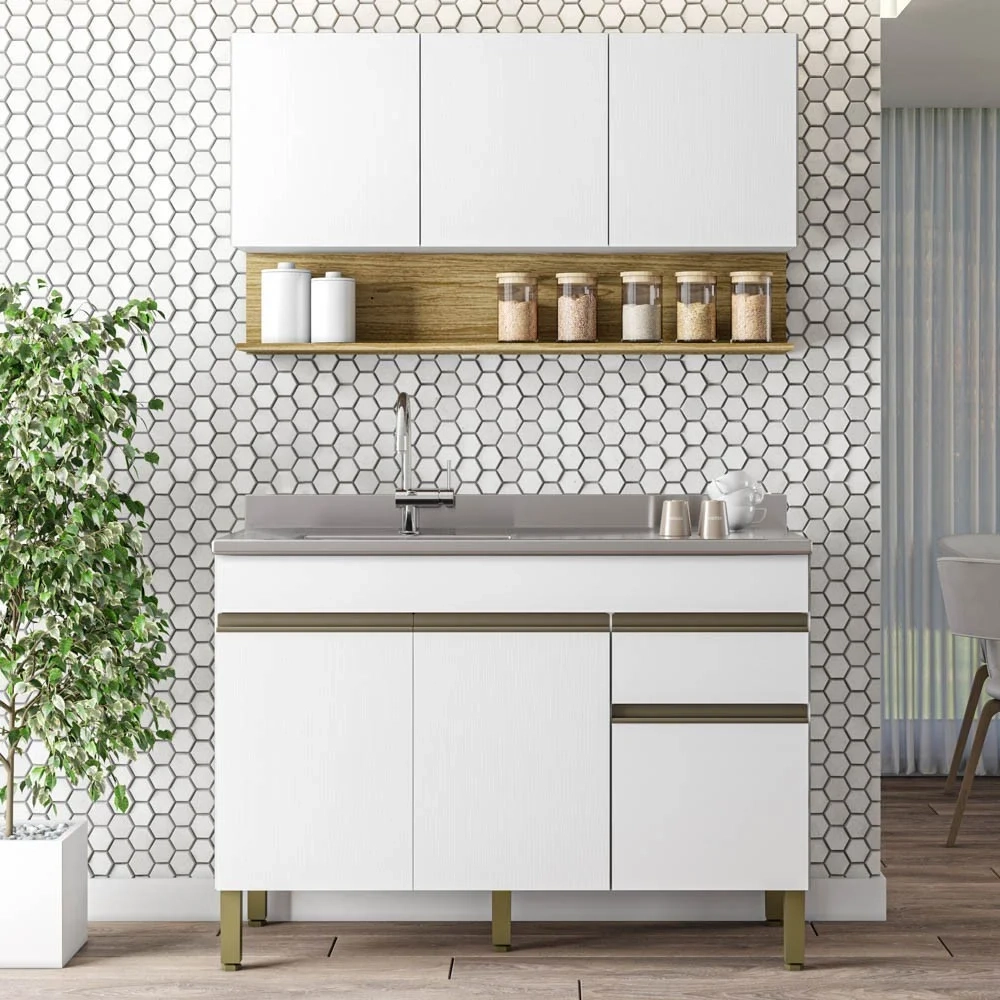 Armário de Cozinha e Balcão com Pia 150cm Lina Z06 Supremo/Freijó - Mpozenato