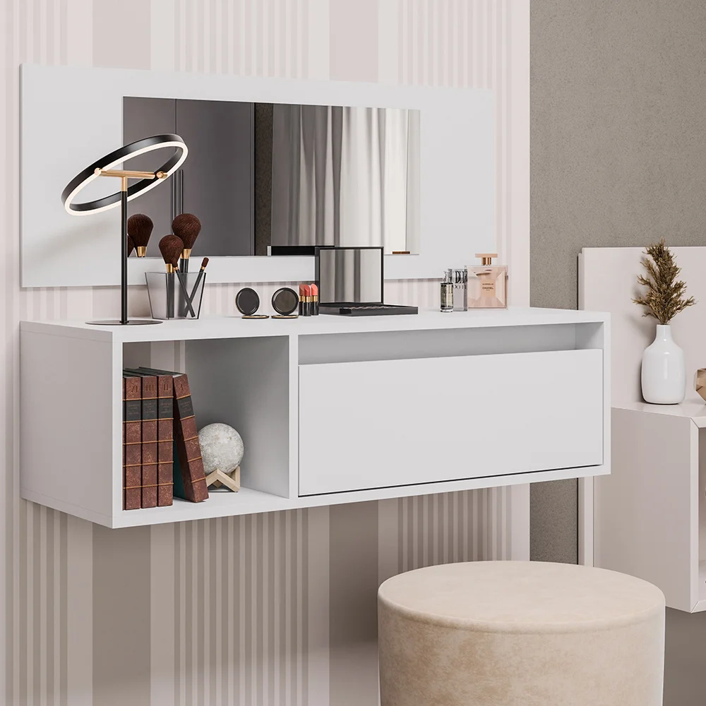 Penteadeira Camarim com Espelho Suspensa 90cm 1 Porta Elle Z34 Branco - Mpozenato