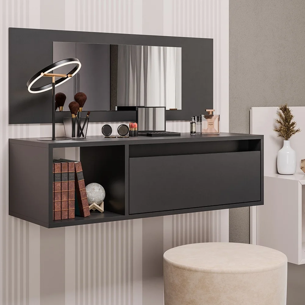 Penteadeira Camarim com Espelho Suspensa 90cm 1 Porta Elle Z34 Preto - Mpozenato