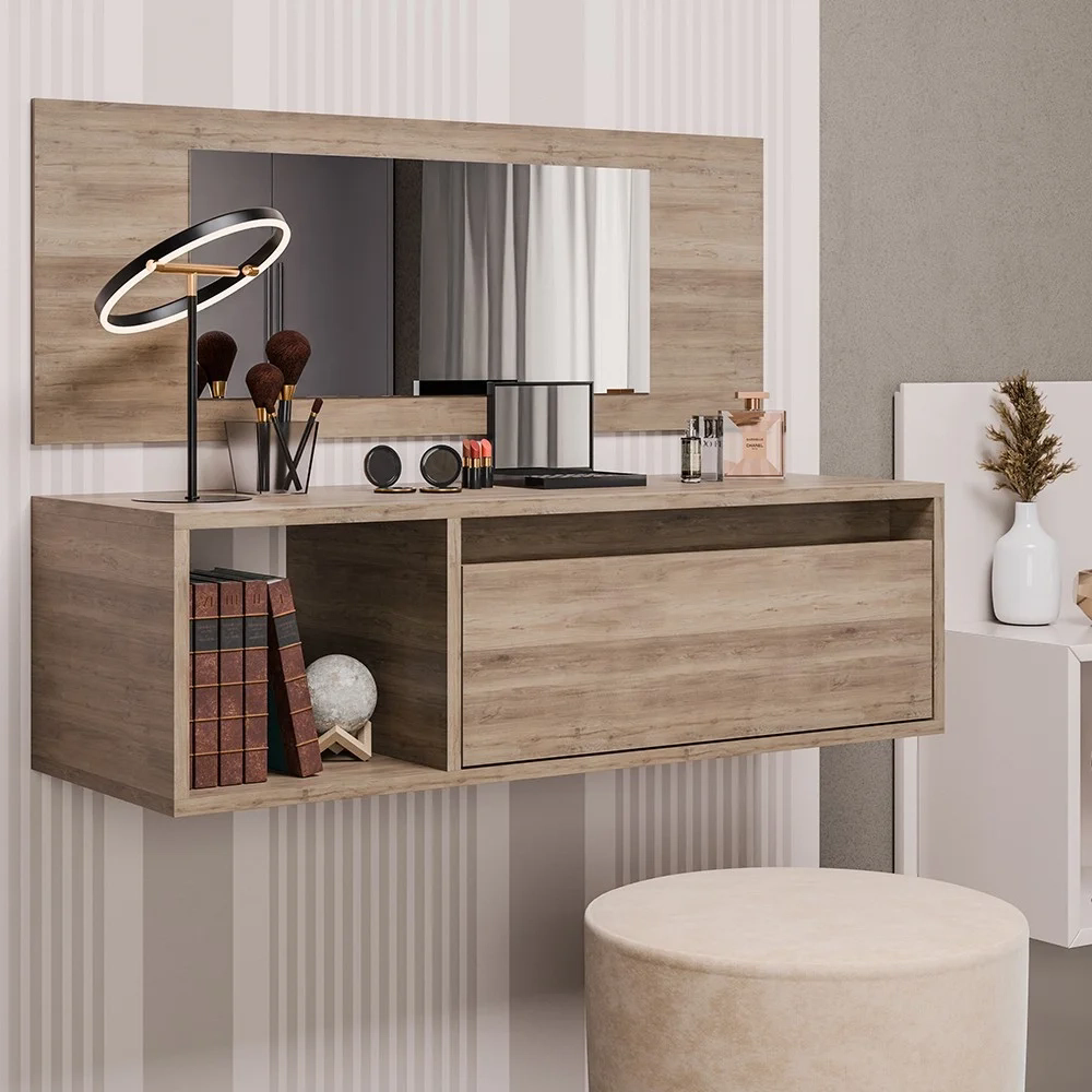 Penteadeira Camarim com Espelho Suspensa 90cm 1 Porta Elle Z34 Freijó - Mpozenato