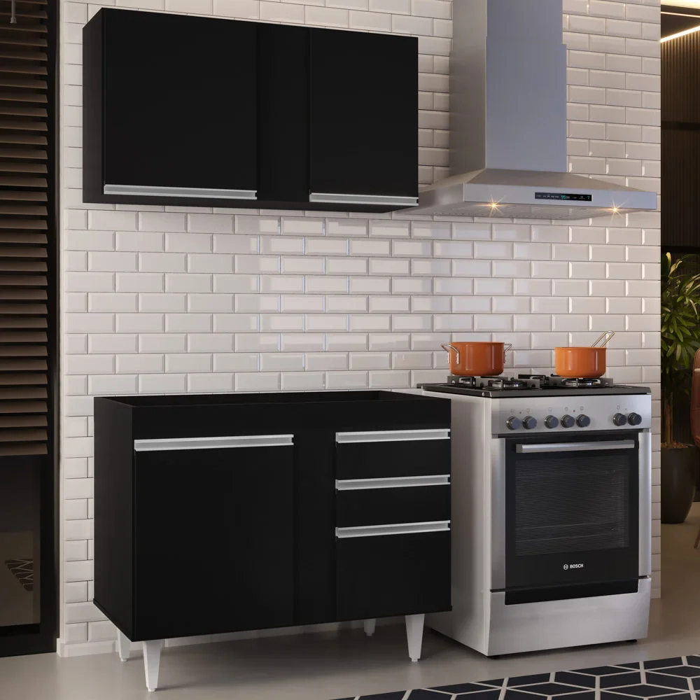 Armário Aéreo Indiana e Balcão Para Pia 100cm Luziania Preto - Lumil Móveis