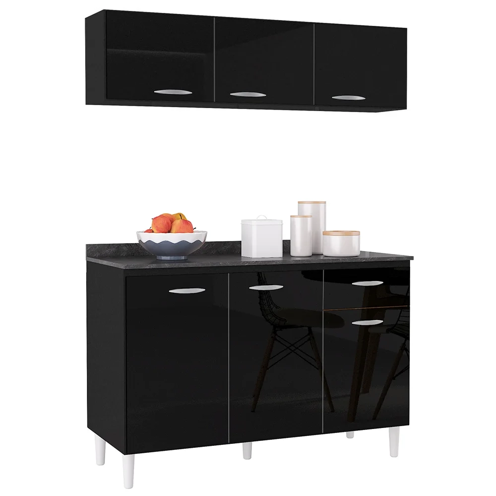 Armário Aéreo e Balcão de Cozinha 120cm com Tampo Classic Z46 Preto - Mpozenato