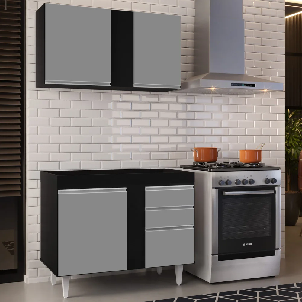 Armário Aéreo Indiana e Balcão Para Pia 100cm Luziania Preto/Cinza - Lumil Móveis