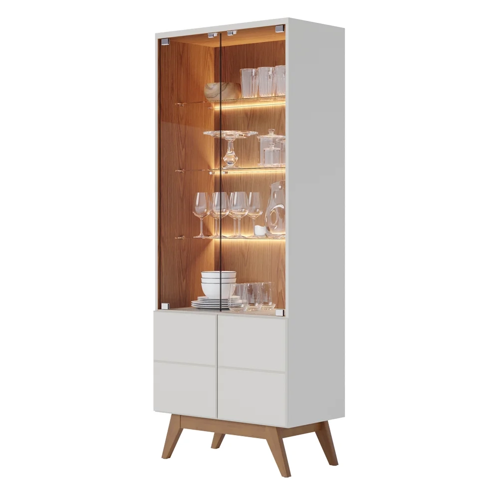 Cristaleira Com Portas de vidro e Led Rebeca C05 Off White/Freijó - Mpozenato